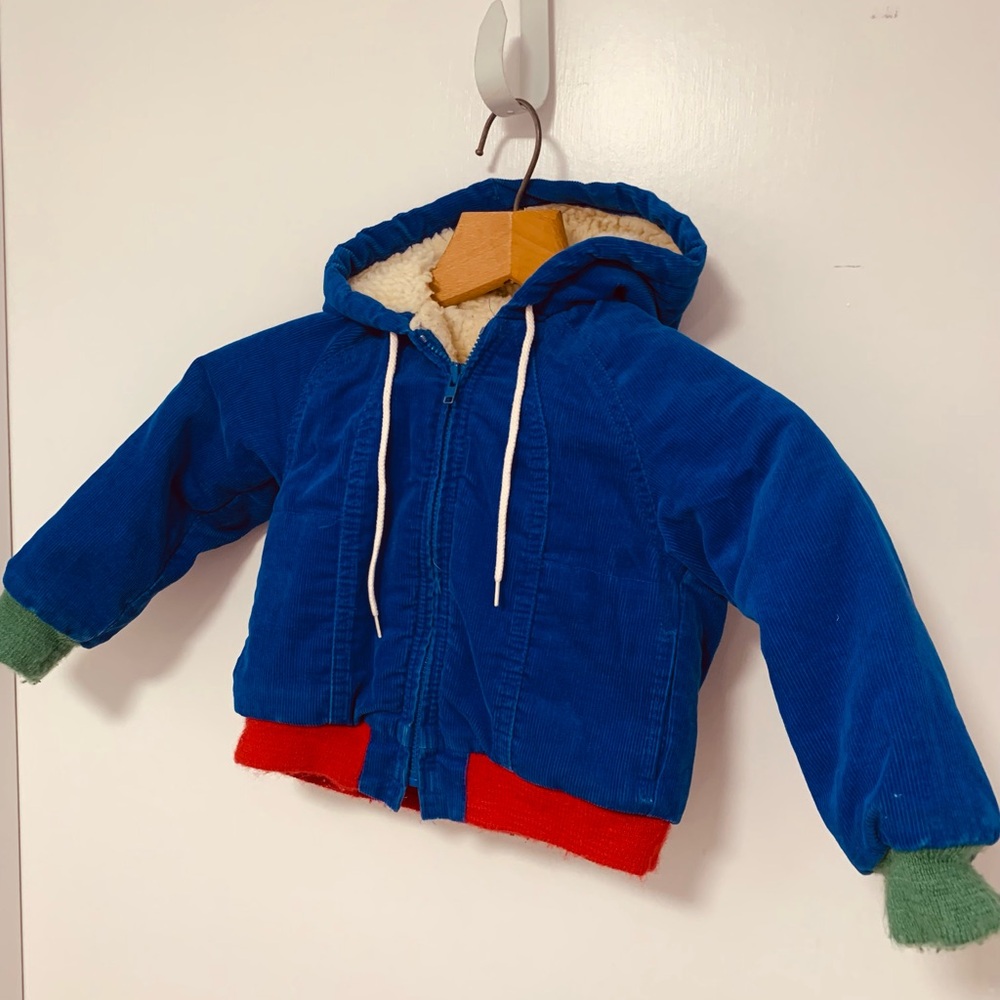 Vintage OshKosh Blue Corduroy Hooded Jacket with Red and Green Accents